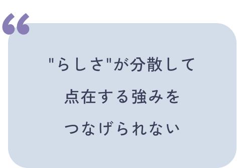 "らしさ"が分散して
点在する強みを
つなげられない